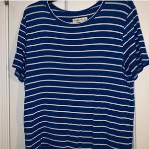 Blue and White striped short sleeve shirt.